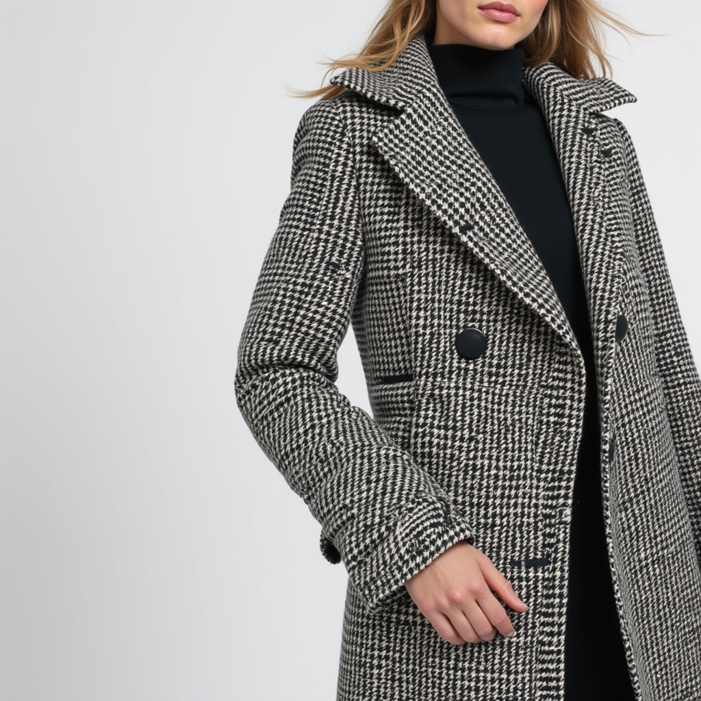 Women's Houndstooth Longline Wool Coat with Button Closure