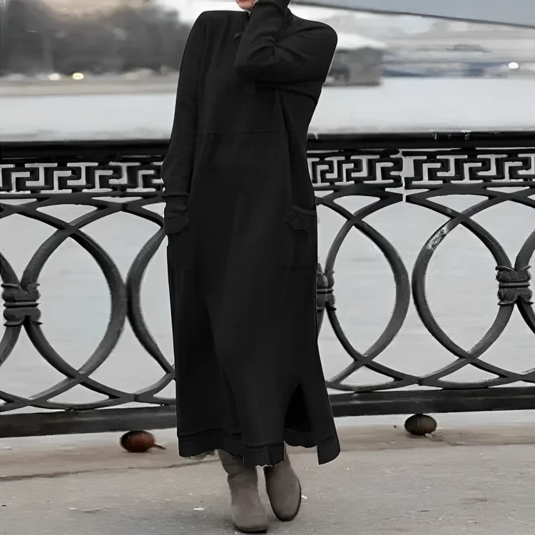 Women's Knitted Maxi Dress with High Neck and Front Pockets