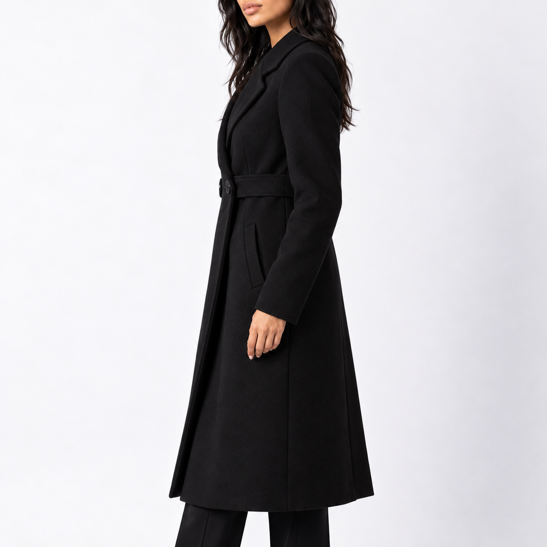 Women's Wool Long Coat with Belted Waist and Wide Lapels
