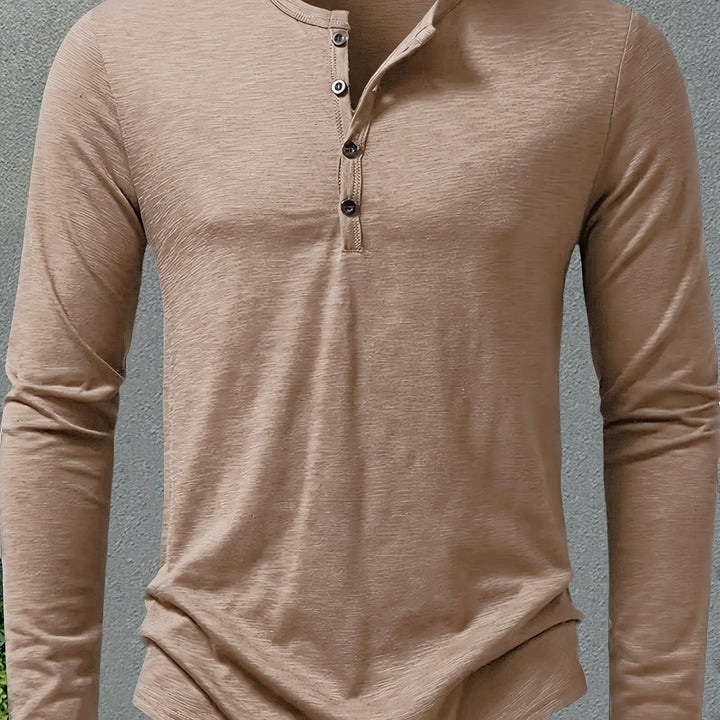 Men's Slub Knit Henley Shirt with Curved Hem