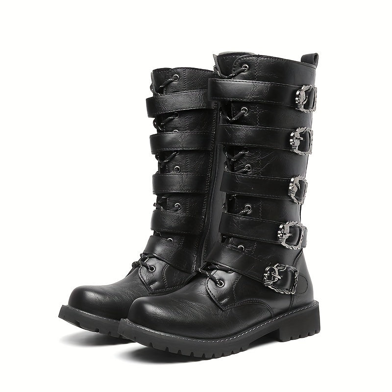 Men's Leather Buckle Strap Combat Boots with Side Zip