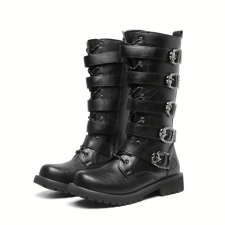 Men's Leather Buckle Strap Combat Boots with Side Zip