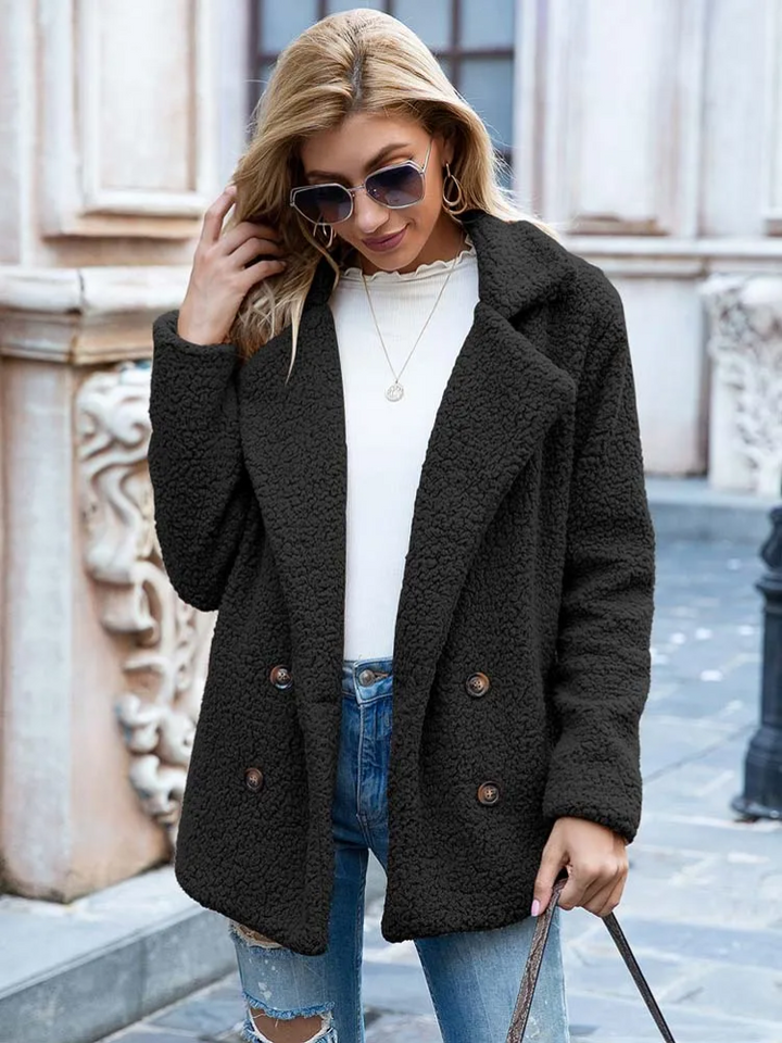 Women's Teddy Coat with Notch Lapel and Double-Breasted Front