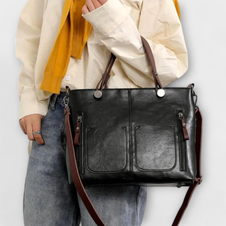 Women's Two-Tone Leather Tote Bag with Front Pockets
