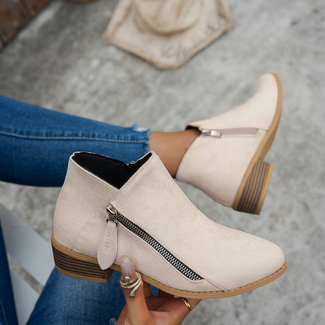 Women's Suede Ankle Boots with Side Zip Block Heel