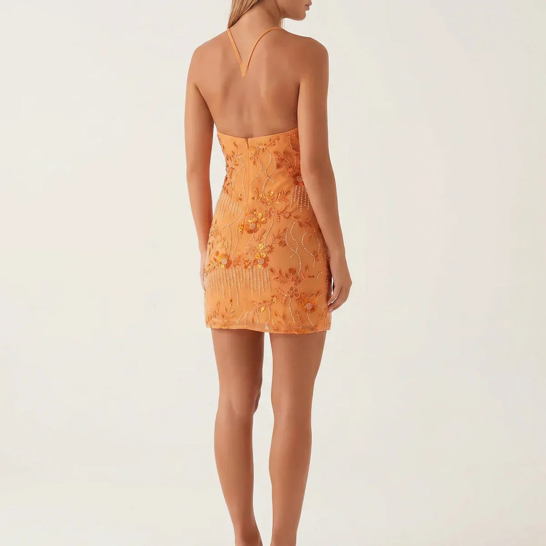 Women's Beaded Floral Mini Party Dress with Sweetheart Neckline