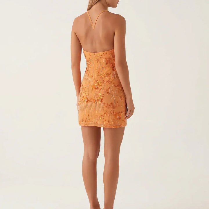 Women's Beaded Floral Mini Party Dress with Sweetheart Neckline