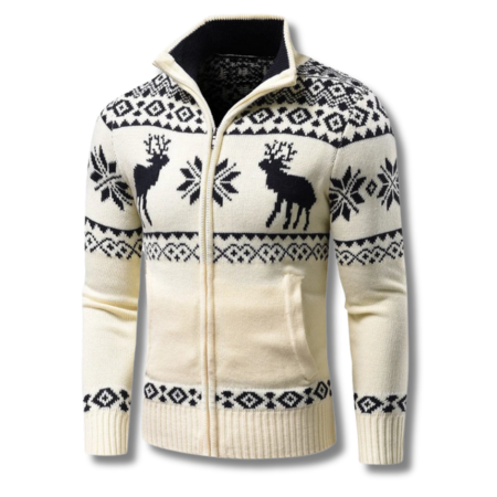 Men's Knitted Jacquard Zip-Up Jumper with Stand Collar