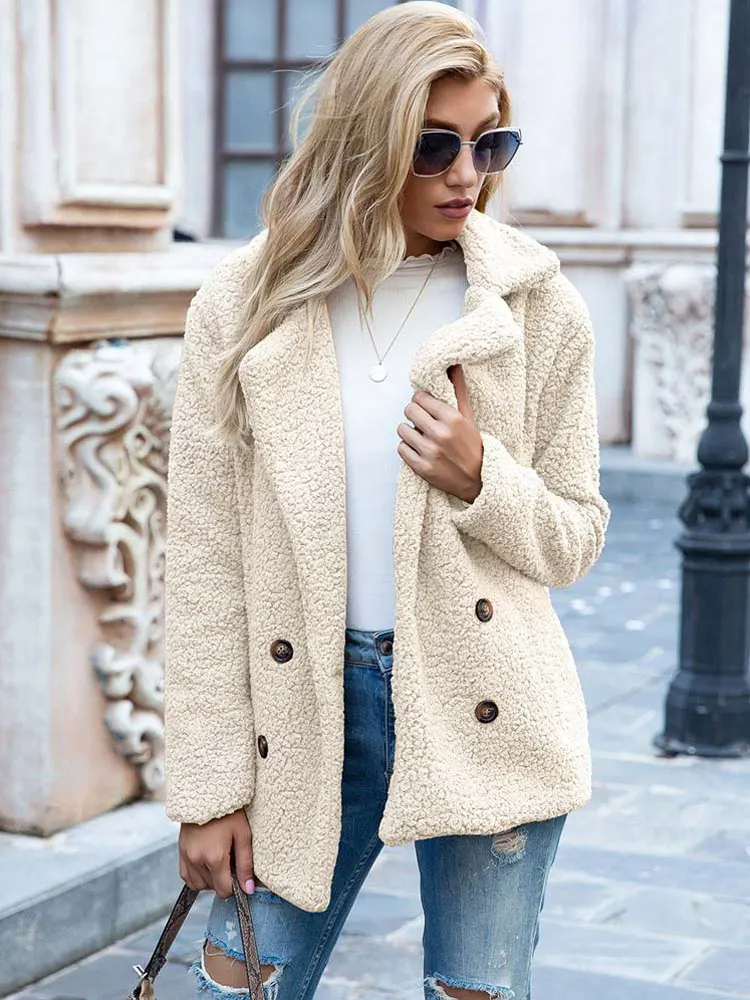 Women's Teddy Coat with Notch Lapel and Double-Breasted Front