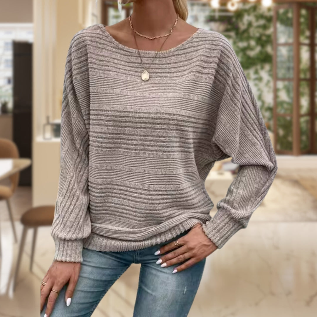 Women's Ribbed Batwing Sleeve Boat Neck Jumper
