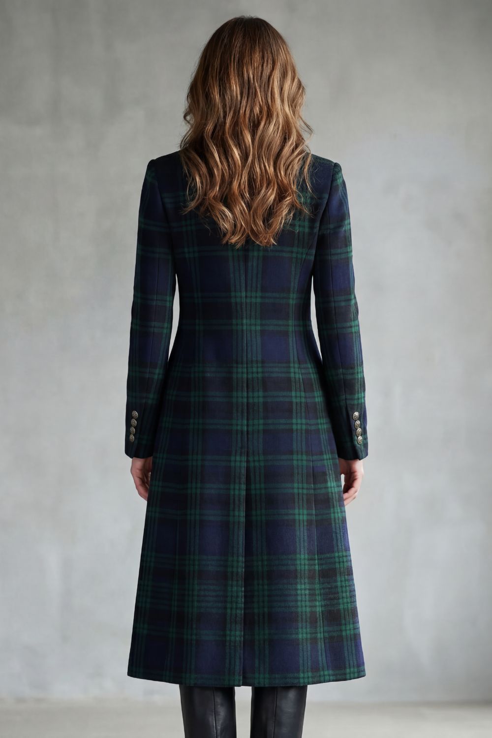 Women's Tartan Check Longline Coat with Stand Collar