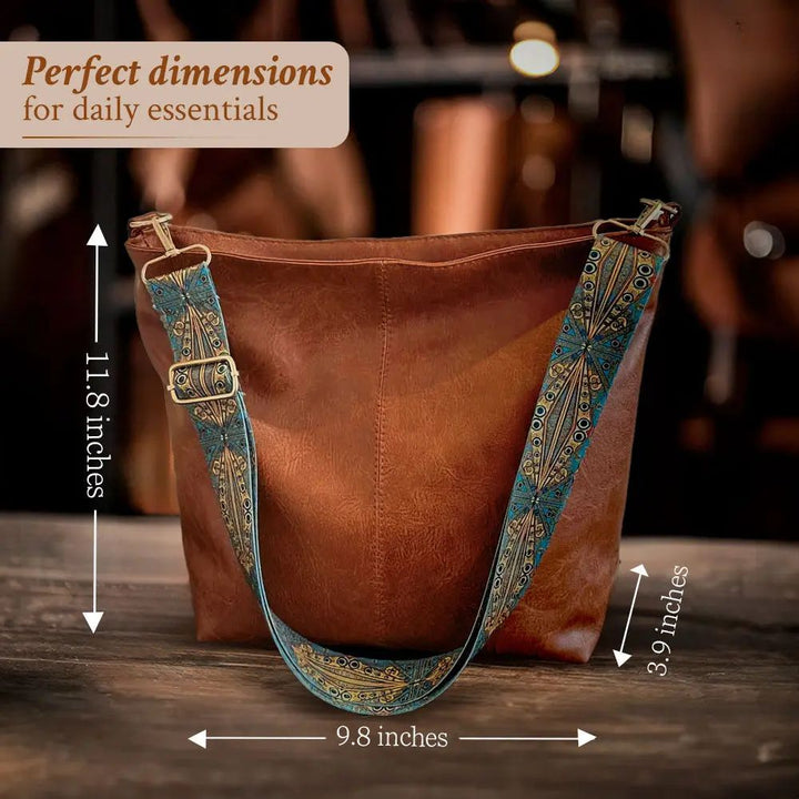 Women's Leather Tote with Embroidered Strap