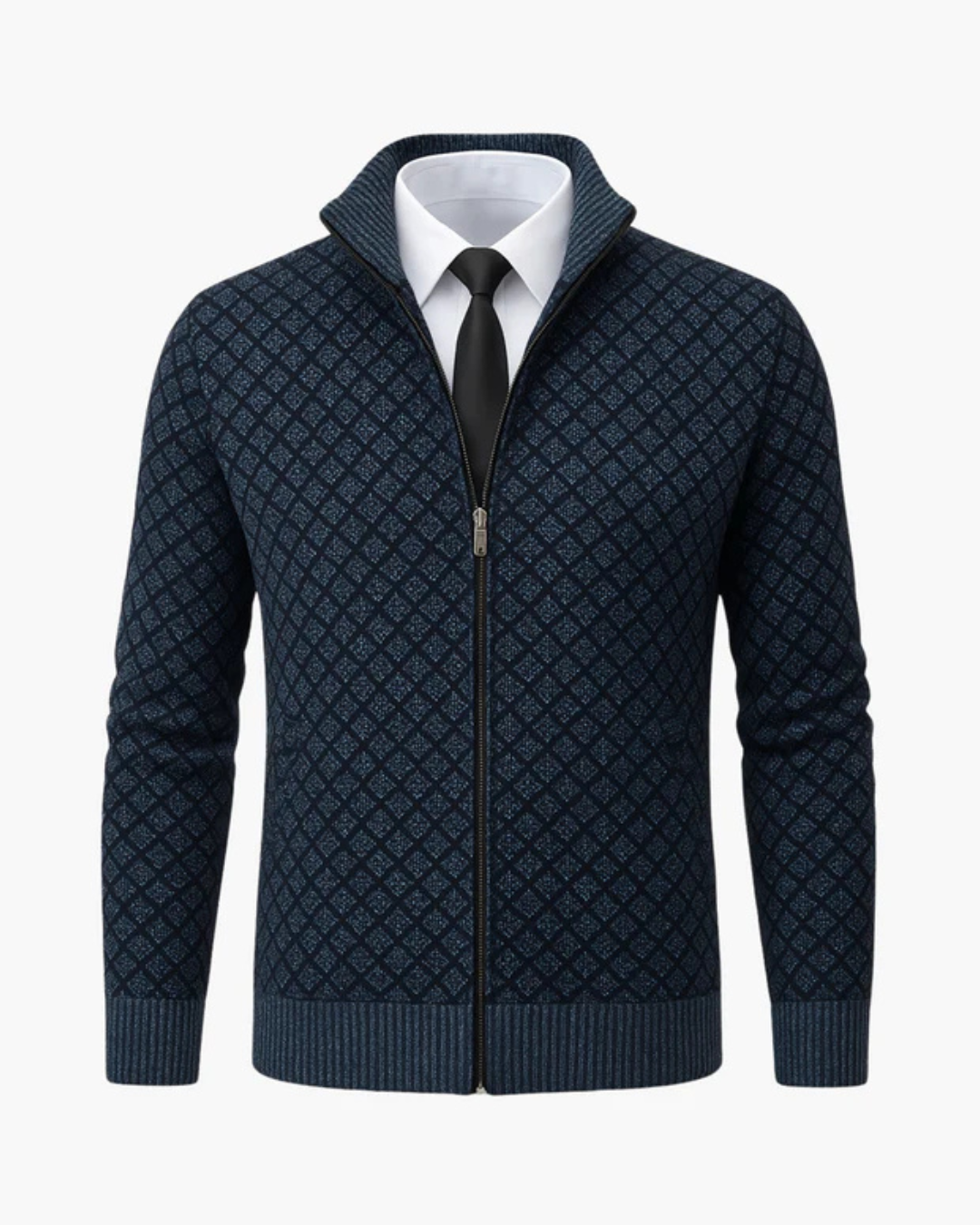 Men's Knit Zip-Up Jacket with Diamond Pattern