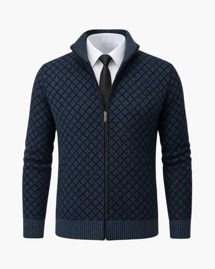 Men's Knit Zip-Up Jacket with Diamond Pattern