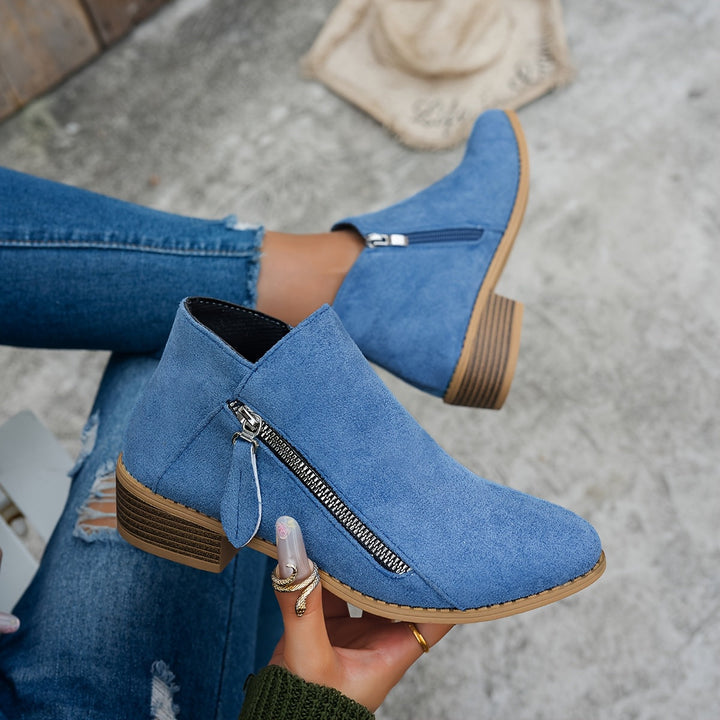 Women's Suede Ankle Boots with Side Zip Block Heel