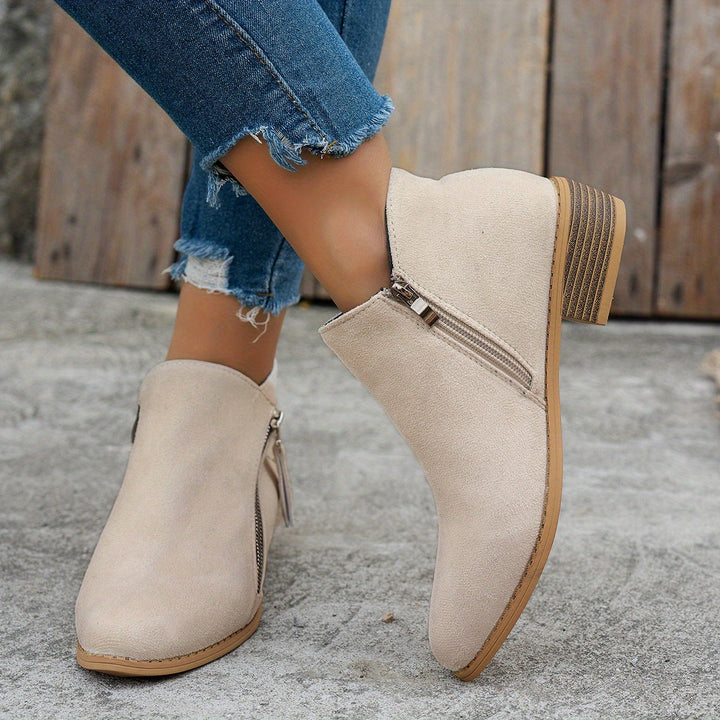 Women's Suede Ankle Boots with Side Zip Block Heel