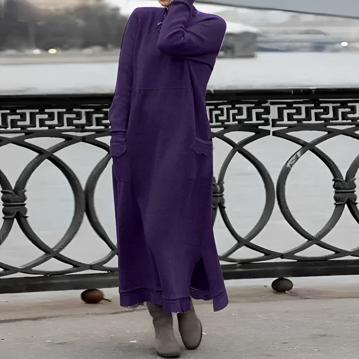 Women's Knitted Maxi Dress with High Neck and Front Pockets