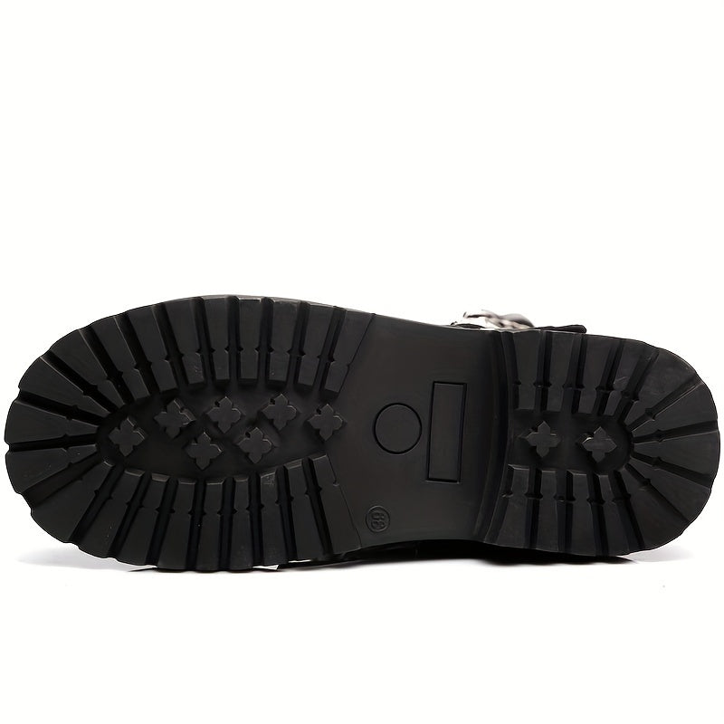 Men's Leather Buckle Strap Combat Boots with Side Zip