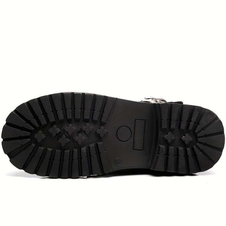 Men's Leather Buckle Strap Combat Boots with Side Zip