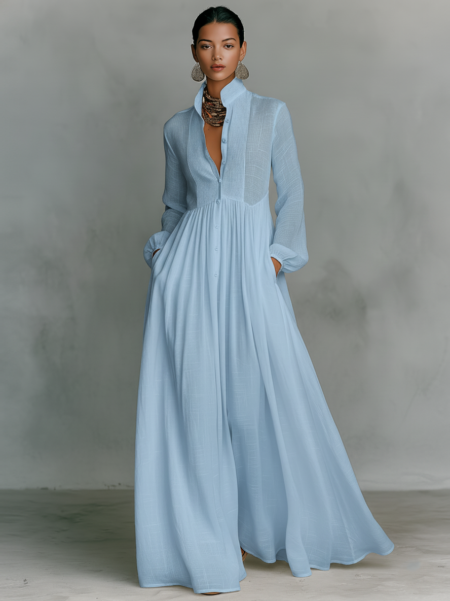 Women's Button-Front Maxi Dress with Stand Collar