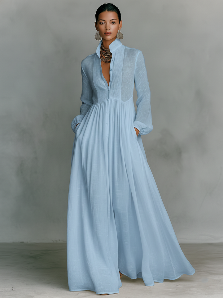 Women's Button-Front Maxi Dress with Stand Collar