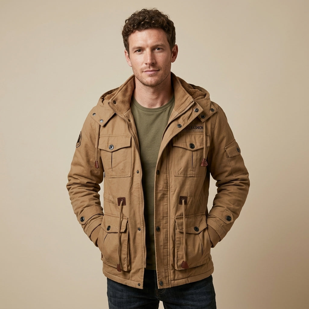 Men's Cotton Utility Field Jacket with Fleece-Lined Hood