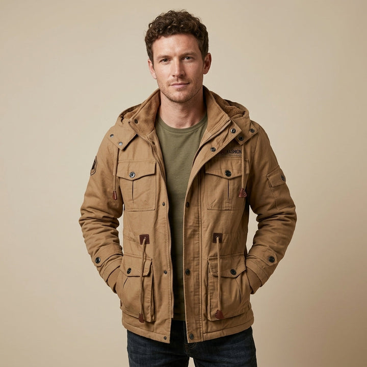 Men's Cotton Utility Field Jacket with Fleece-Lined Hood