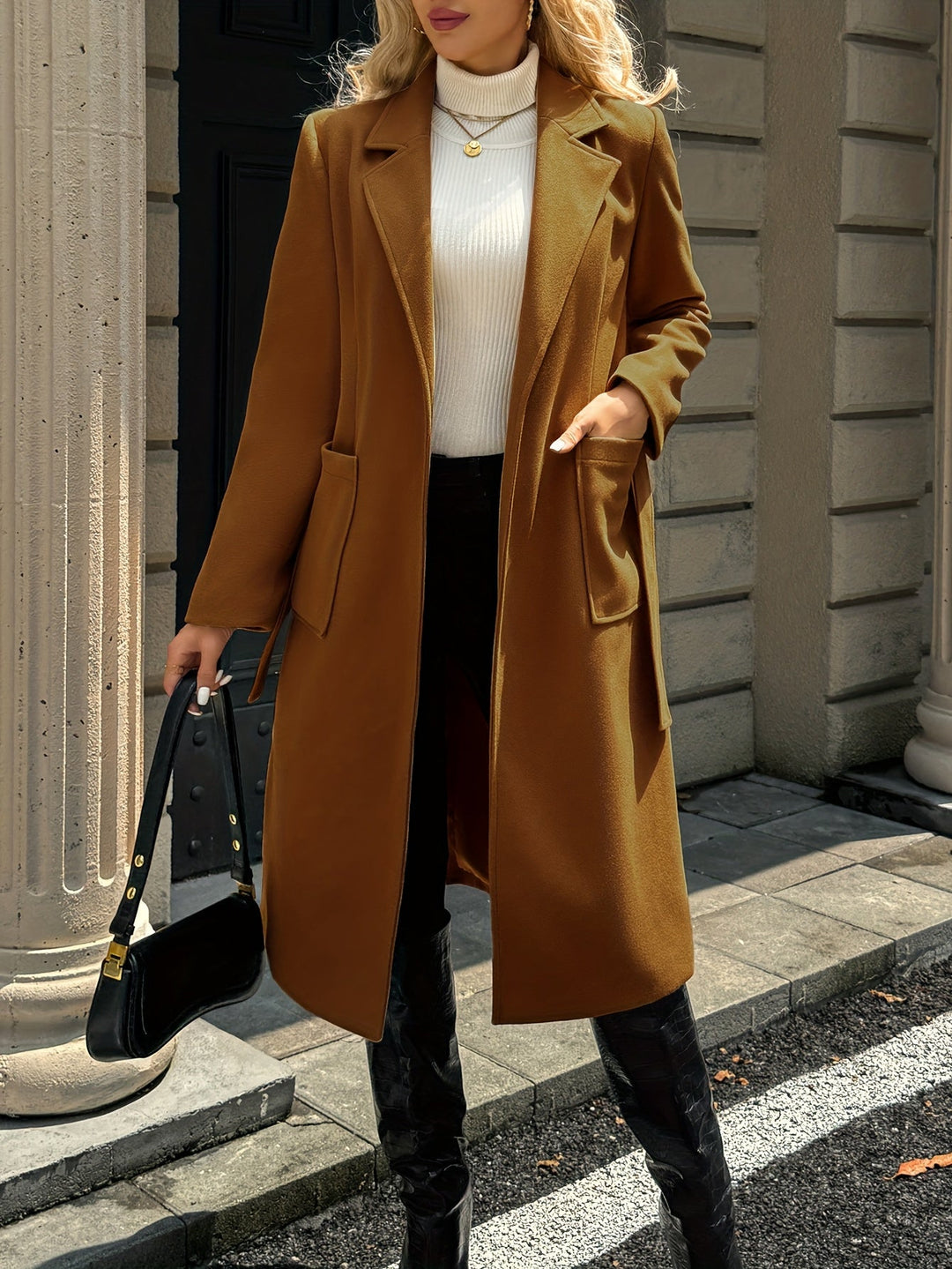 Women's Longline Belted Coat with Patch Pockets