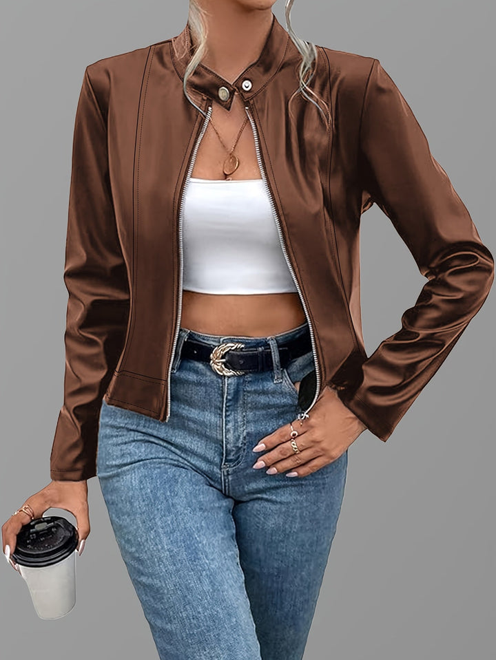 Women's Cropped Zip-Up Jacket with Stand Collar