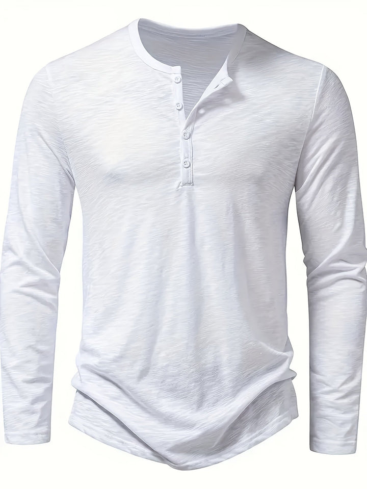 Men's Slub Knit Henley Shirt with Curved Hem