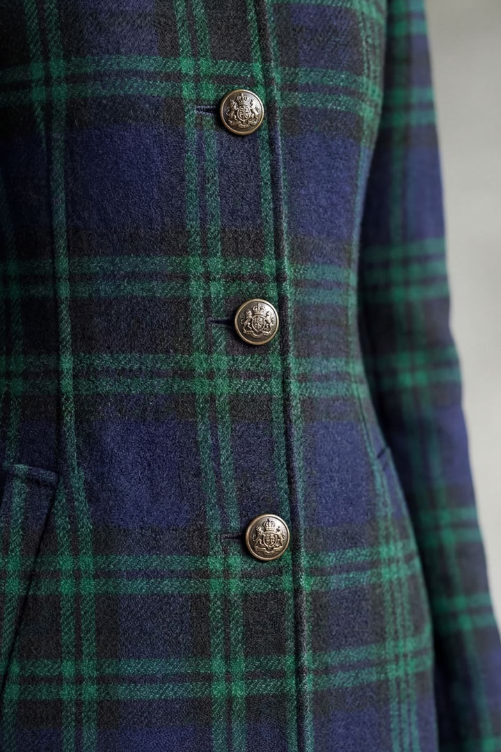 Women's Tartan Check Longline Coat with Stand Collar