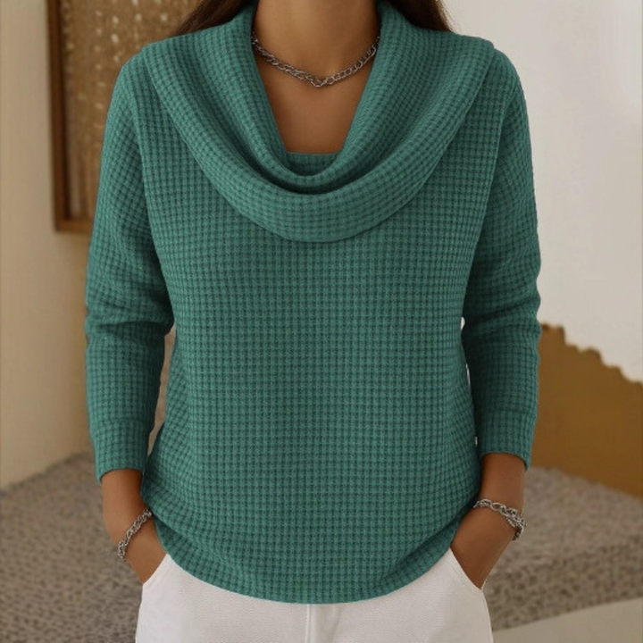 Women's Waffle Knit Cowl Neck Top with Long Sleeves