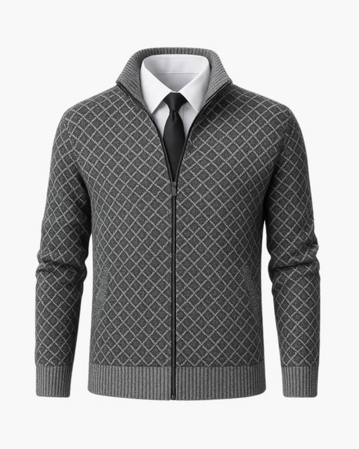 Men's Knit Zip-Up Jacket with Diamond Pattern