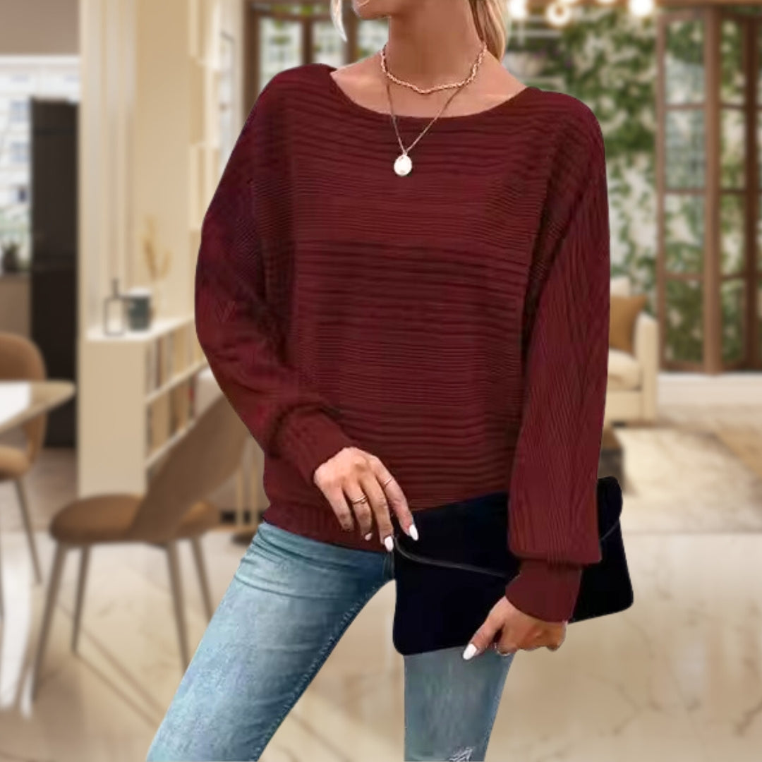 Women's Ribbed Batwing Sleeve Boat Neck Jumper