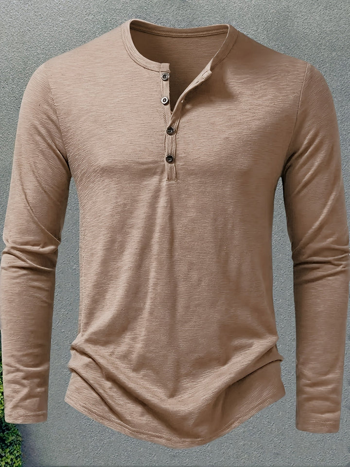 Men's Slub Knit Henley Shirt with Curved Hem