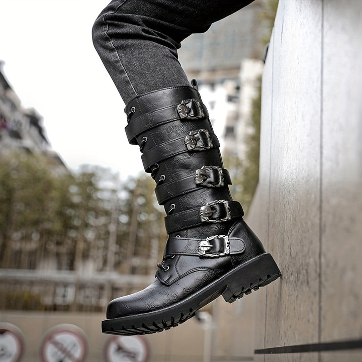 Men's Leather Buckle Strap Combat Boots with Side Zip