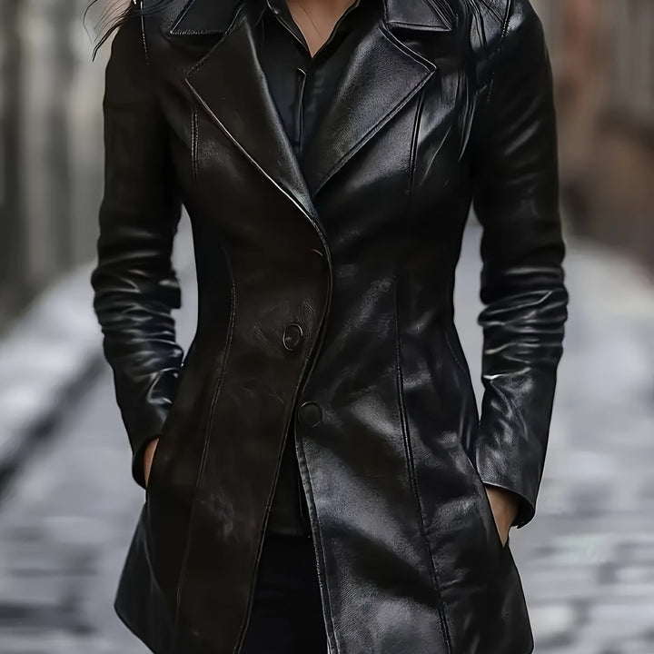 Women's Leather Longline Coat with Notch Lapel