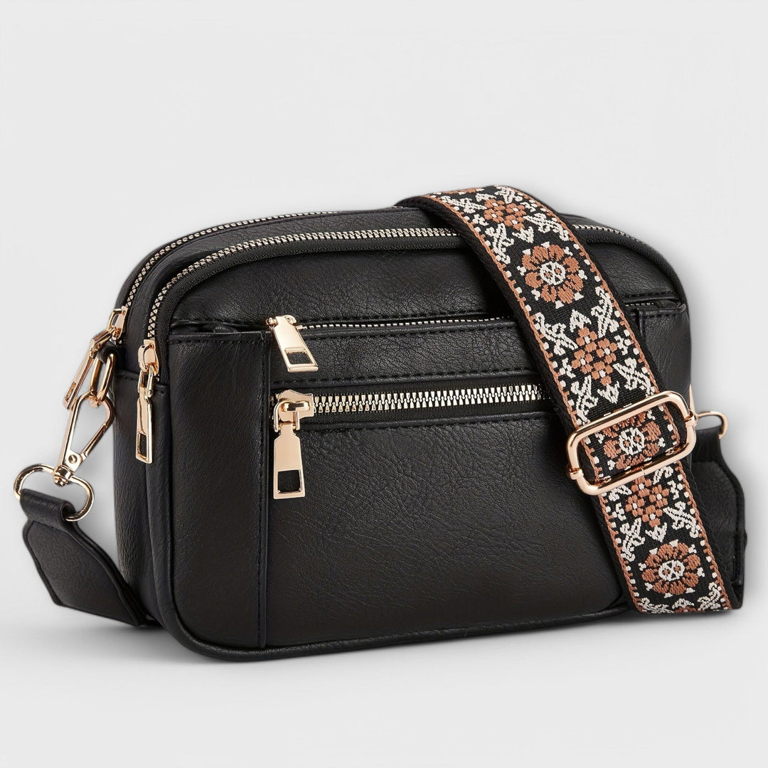 Women's Structured Crossbody Bag with Woven Guitar Strap