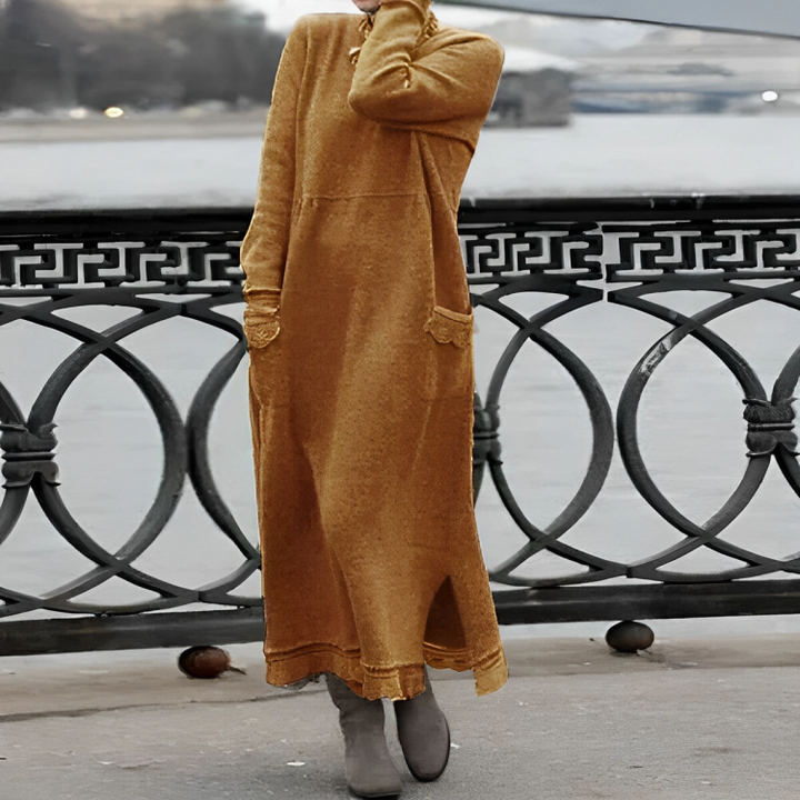 Women's Knitted Maxi Dress with High Neck and Front Pockets