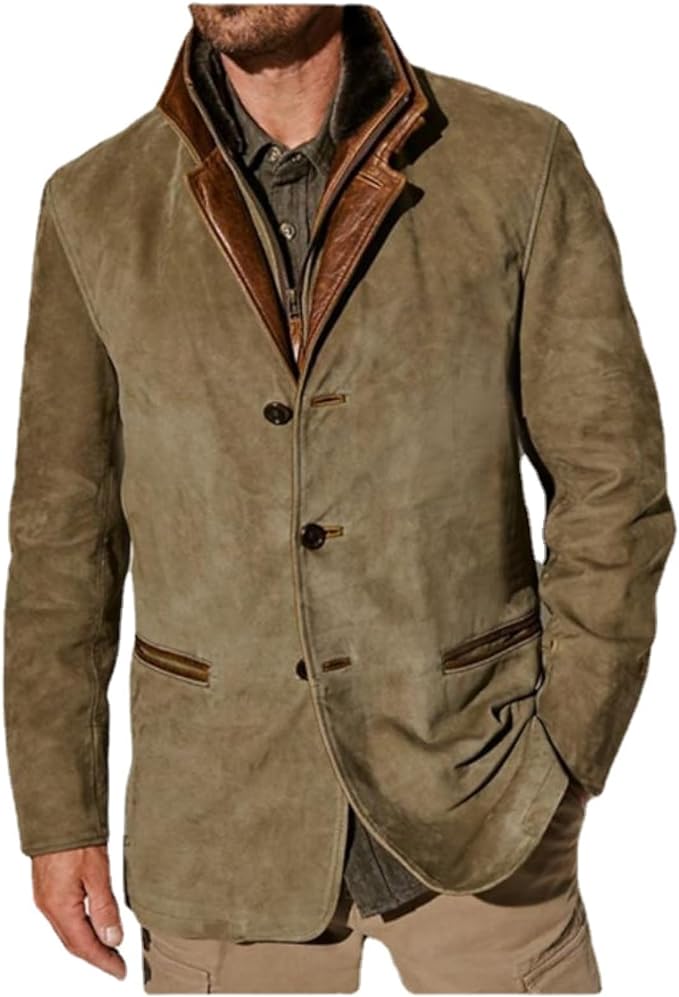 Men's Button-Up Blazer Jacket with Contrast Collar