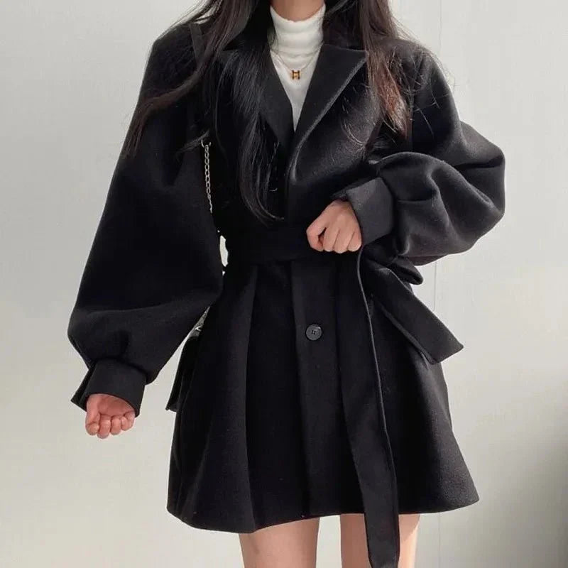 Women's Belted Short Coat with Wide Lapel Collar