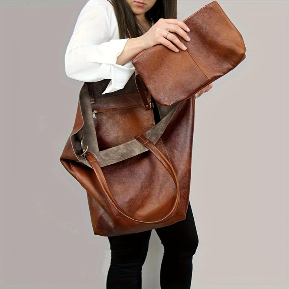 Women's Vintage Leather Tote Bag with Matching Purse