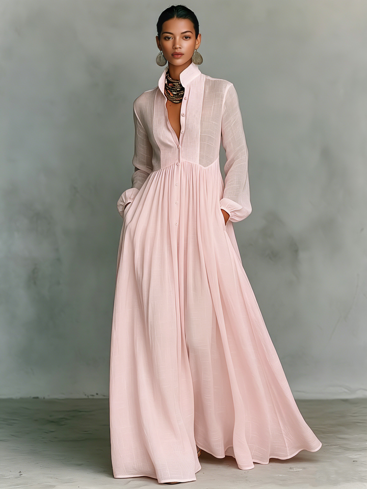 Women's Button-Front Maxi Dress with Stand Collar