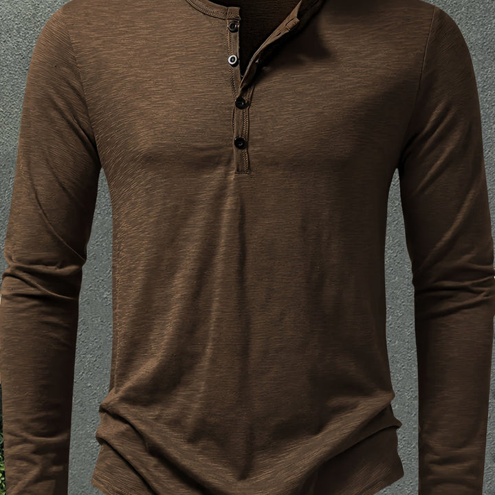 Men's Slub Knit Henley Shirt with Curved Hem