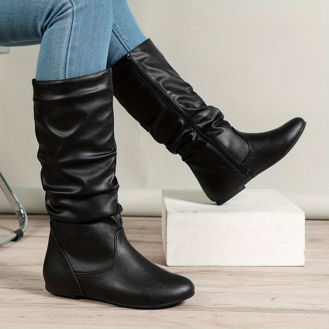 Bottes plates slouch pour femme, mi-mollet, avec fermeture éclair latérale