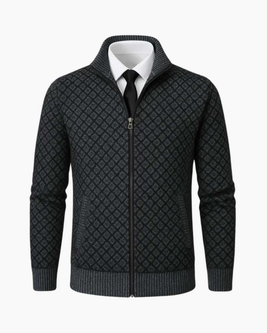 Men's Knit Zip-Up Jacket with Diamond Pattern
