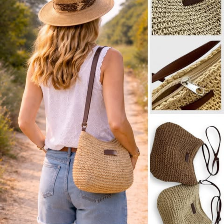 Women's Woven Straw Hobo Bag with Adjustable Strap