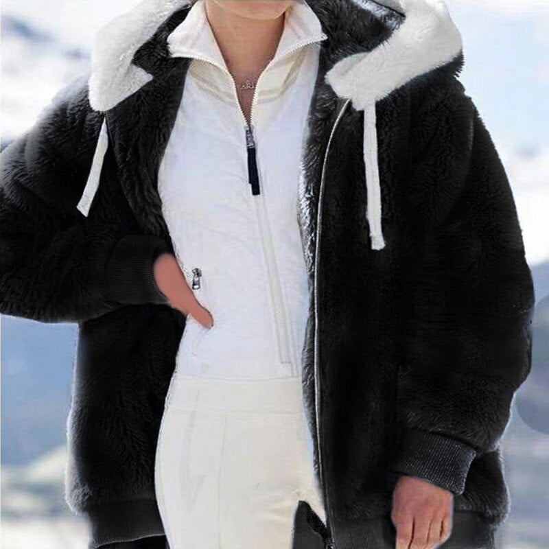 Women's Plush Hooded Winter Jacket with Oversized Hood
