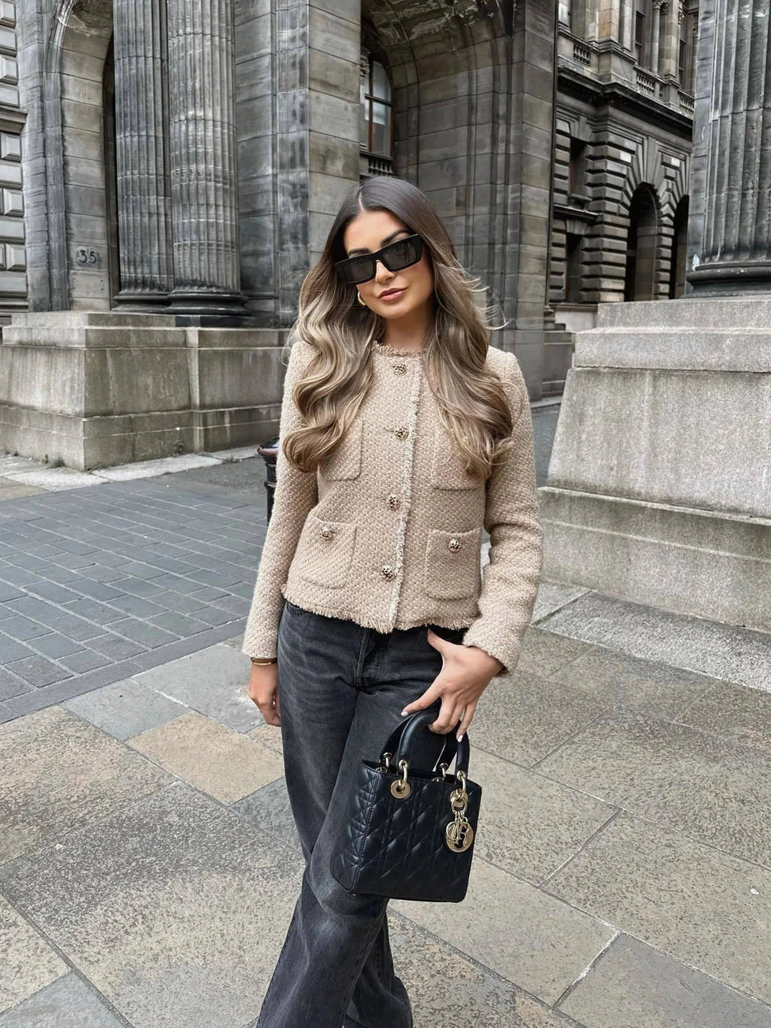 Women's Tweed Collarless Jacket with Button Fastening