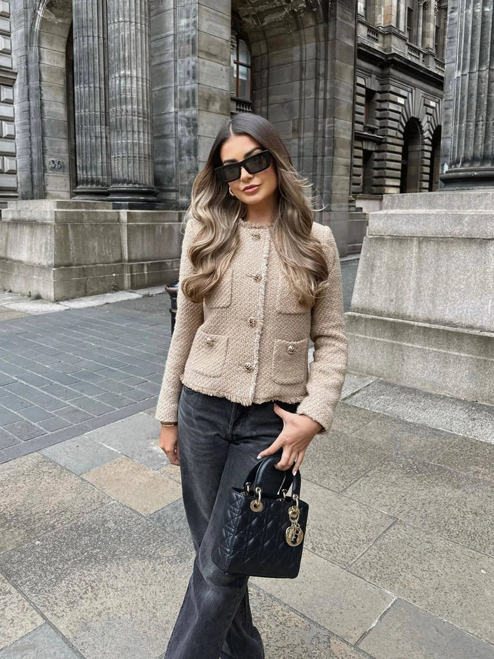 Women's Tweed Collarless Jacket with Button Fastening